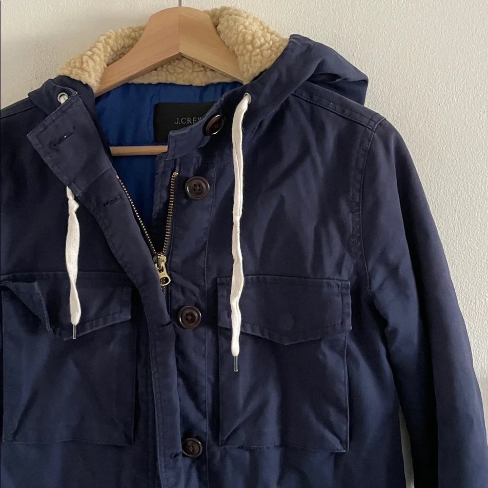 J. Crew Sherpa‎ Hooded Utility Barn Coat Women’s Size XS Navy Blue Pockets - Picture 2 of 7